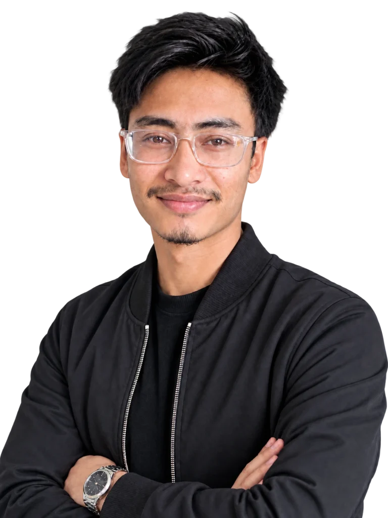 Professional portrait of an SEO expert in Nepal wearing glasses and a black jacket with a natural smile