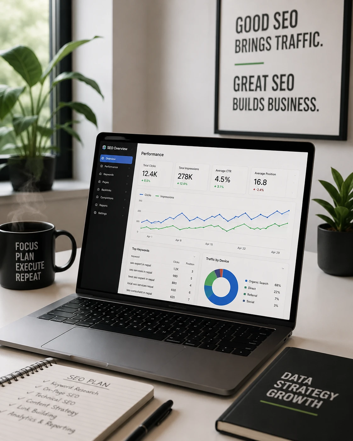 SEO analytics workspace showing website performance, keyword rankings, and organic traffic data
